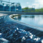 A detailed photograph of a water treatment, reclamation and reuse plant in a bright enviroment.