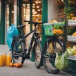 A bicycle parked outside a grocery store, with reusable bags filled with fruits and vegetables, and a person using a refillable water bottle at a water refill station symbolyzing the efforts of reducing carbon footprint