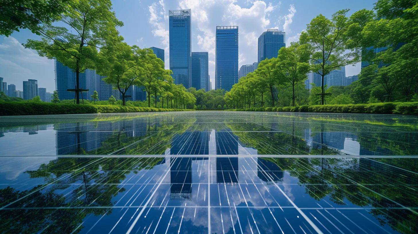 Reflective photovoltaic floor tiles powering urban park beneath skyline
