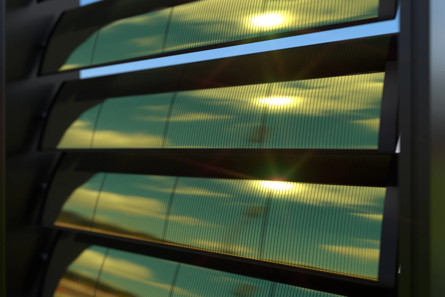 Sunlight hitting bifacial PV slats of a smart solar screen