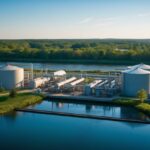 Aerial view of a large water reclamation plant with storage lagoons and forest buffer
