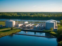 Aerial view of a large water reclamation plant with storage lagoons and forest buffer