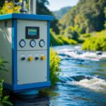 A water monitoring station with sensors and gauges, surrounded by flowing rivers and lush vegetation