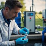 A technician collects a water sample from a wastewater treatment plant. Monitoring equipment is visible in the background