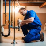 A plumber repairing a leaky pipe in a residential basement