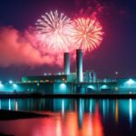 A water treatment plant with new year eve fireworks illuminating the night sky