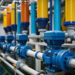 A network of pipes and valves interconnect, delivering water to various destinations. A water treatment plant stands in the background, ensuring clean and reliable water distribution