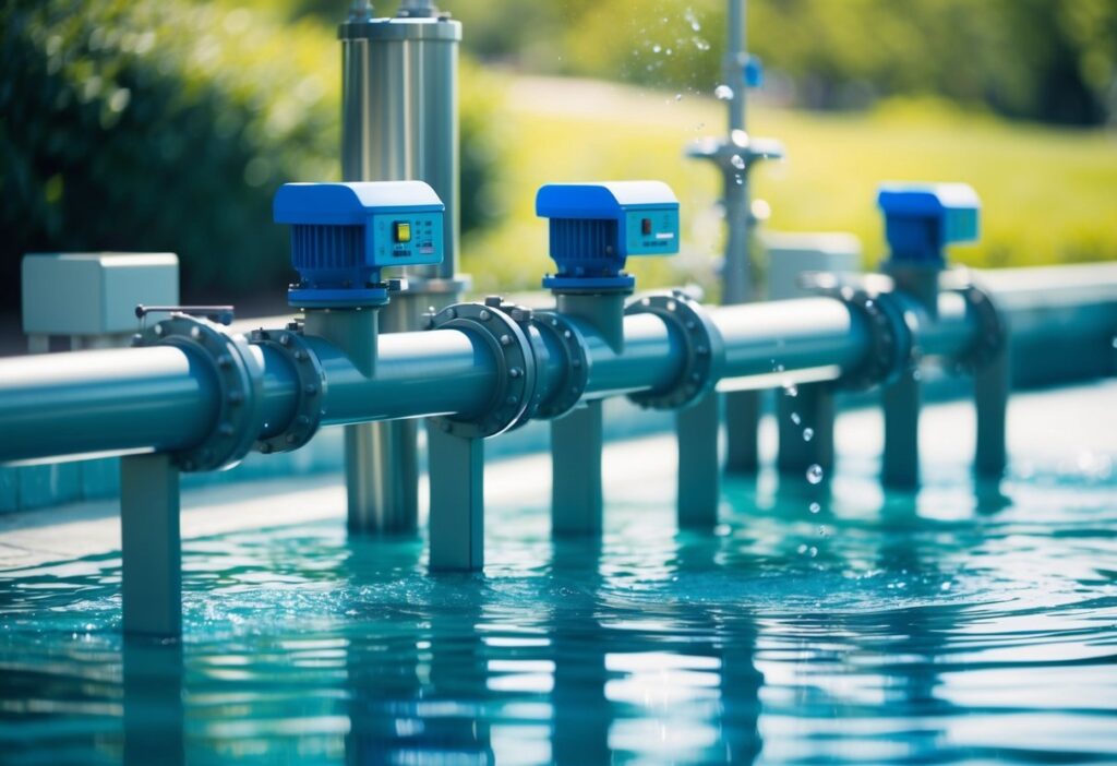 Smart water flow sensors mounted on an industrial pipeline, detecting leaks and monitoring real-time water usage