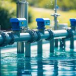 Smart water flow sensors mounted on an industrial pipeline, detecting leaks and monitoring real-time water usage